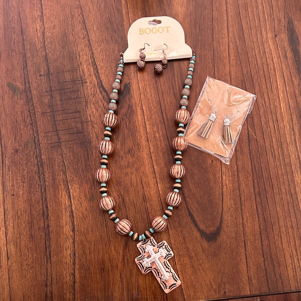 NEW BOGOT Beaded Necklace and Earrings with Cross Pendant and Tassle Earrings
